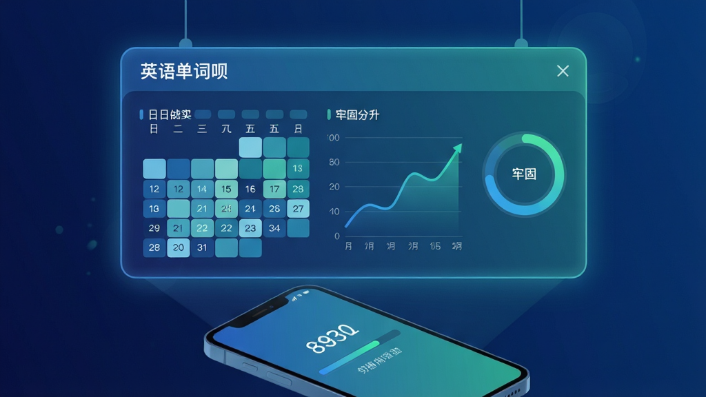 画面中央是一块悬浮的数据面板,面板上展示“英语单词呗”的学习统计图表,包括日历热力图、上升的折线图与环形牢固度分布图,面板下方是一部手机正在同步数据,整体布局为上下结构,风格为科技感数据可视化插画,细节上图表配色为蓝绿渐变、日历格子有深浅变化、手机屏幕有同步进度条、背景为深蓝渐变、面板边缘有柔光,画质高清、画面干净、无多余元素