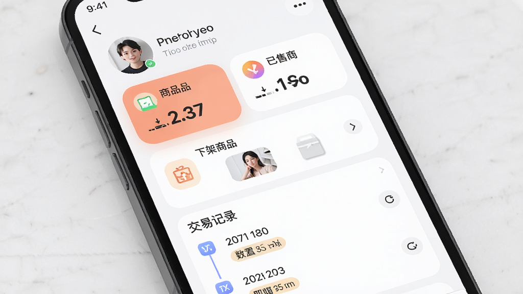 手机屏幕展示二手物品闲置交易应用的个人中心页面,画面包含用户头像、在售商品数量卡片、已售商品数量卡片、下架商品列表入口,下方是交易记录时间轴,布局为纵向模块化排列,风格为柔和圆角卡片设计,细节包含图标、数字统计、状态标签,画质高清干净,无杂乱元素