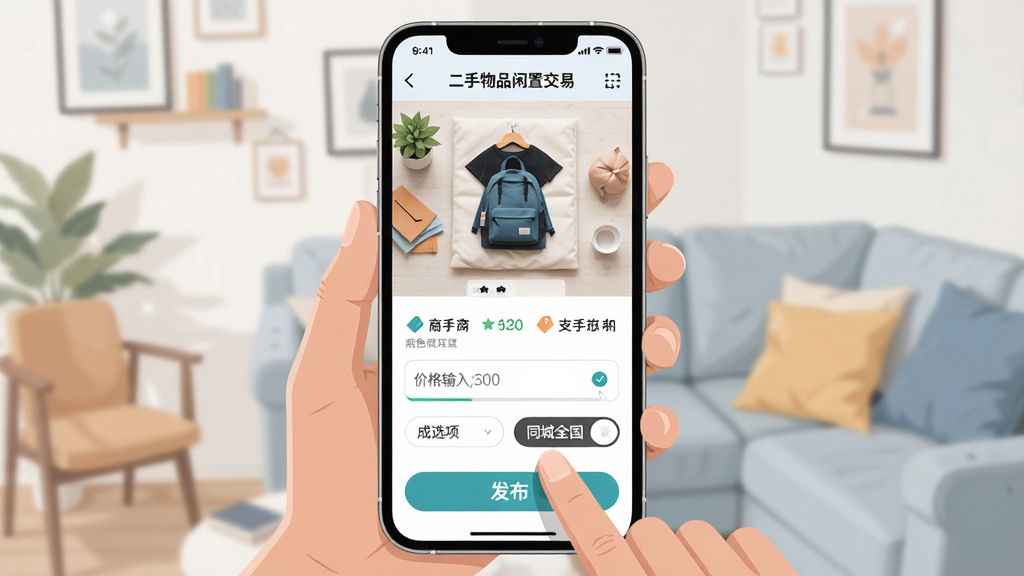 手机屏幕展示二手物品闲置交易应用的商品发布页面,画面分为上下两部分,上方是商品照片上传区,下方是价格输入框、成色选项和同城/全国切换按钮,一位年轻用户的手指正点击屏幕上的发布按钮,布局居中对称,风格为现代扁平插画风,细节包含价格数字、标签图标、进度提示,画质高清干净,画面中带文字