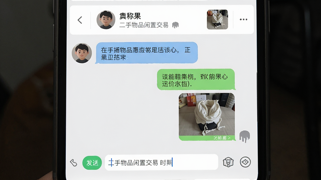 二手物品闲置交易应用的聊天界面特写,左侧为买家头像与消息气泡,右侧为卖家回复,消息内容包含议价对话和一张商品实拍图,界面顶部显示对方昵称与商品缩略图,布局为手机竖屏居中展示,风格为简洁卡片式UI,细节包含发送按钮、输入框、时间戳,画质清晰干净,带文字