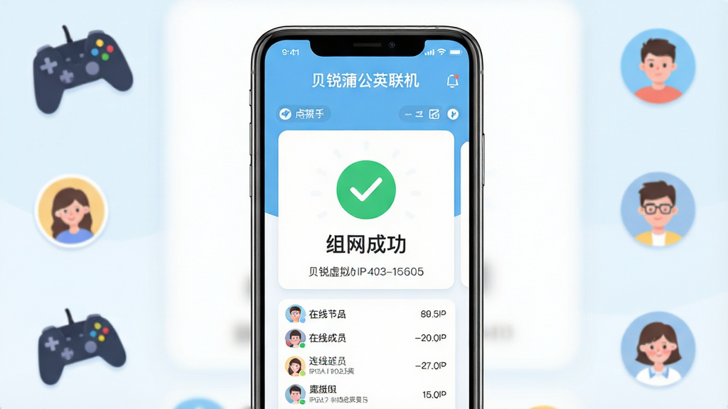 主体为手机屏幕特写,画面中央显示贝锐蒲公英联机的组网成功界面,一个醒目的绿色对勾图标与“组网成功”文字;布局为竖屏手机界面居中展示,四周点缀游戏手柄和好友头像小图标;排版突出中央的成功状态卡片,上方为软件名称“贝锐蒲公英联机”;风格为清爽扁平UI插画风,浅蓝与白色为主色调;细节包括虚拟IP地址显示、在线成员列表、连接延迟数值;画质清晰,画面干净,无多余元素