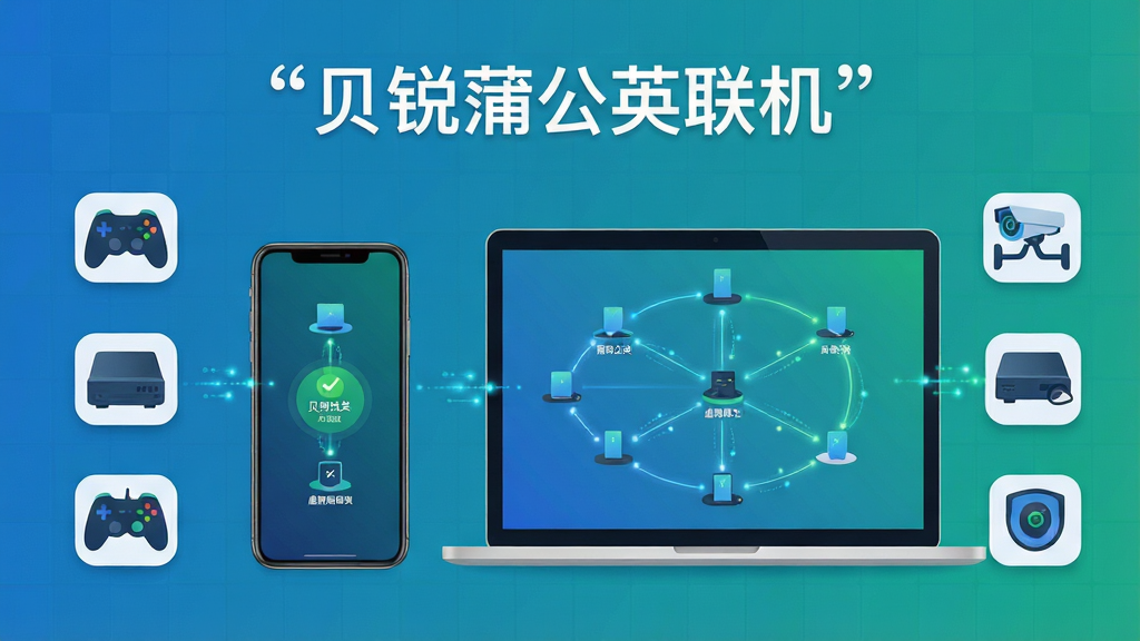 主体为一部智能手机和一台笔记本电脑并排摆放,屏幕上显示贝锐蒲公英联机的虚拟局域网组网拓扑图,多个设备节点通过发光线条连接在一起;布局采用居中对称构图,手机与电脑位于画面中央,四周环绕游戏手柄、NAS设备、监控摄像头等小图标;排版简洁清晰,上方留白放置软件名称文字;风格为科技感扁平插画风,蓝绿色渐变主色调;细节包括设备屏幕上的组网成功状态标识、连接线条上的数据流光点、背景中隐约的网格纹理;画质高清,画面干净,无多余元素,文字使用引号标注“贝锐蒲公英联机”