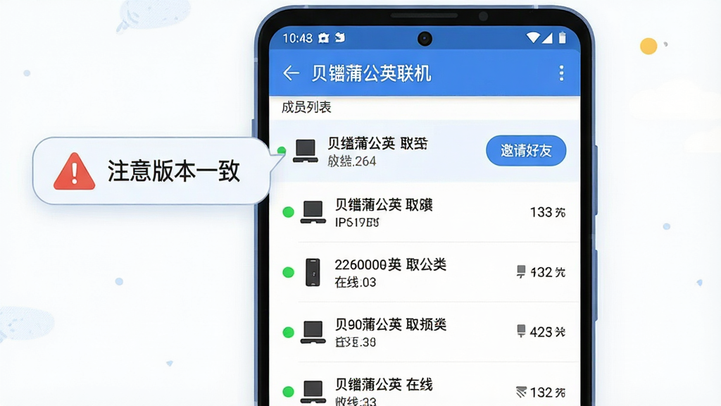 主体为一部安卓手机屏幕特写,画面显示贝锐蒲公英联机的成员列表界面,列表中多台设备在线并显示绿色状态点,旁边有“邀请好友”按钮;布局为手机界面居中,左侧悬浮一个警示三角图标与“注意版本一致”文字气泡;排版清晰,重点突出成员在线状态;风格为扁平化UI插画风,白色背景配蓝色主色调;细节包括虚拟IP地址、设备类型图标、在线延迟数值;画质清晰,画面干净,无多余元素