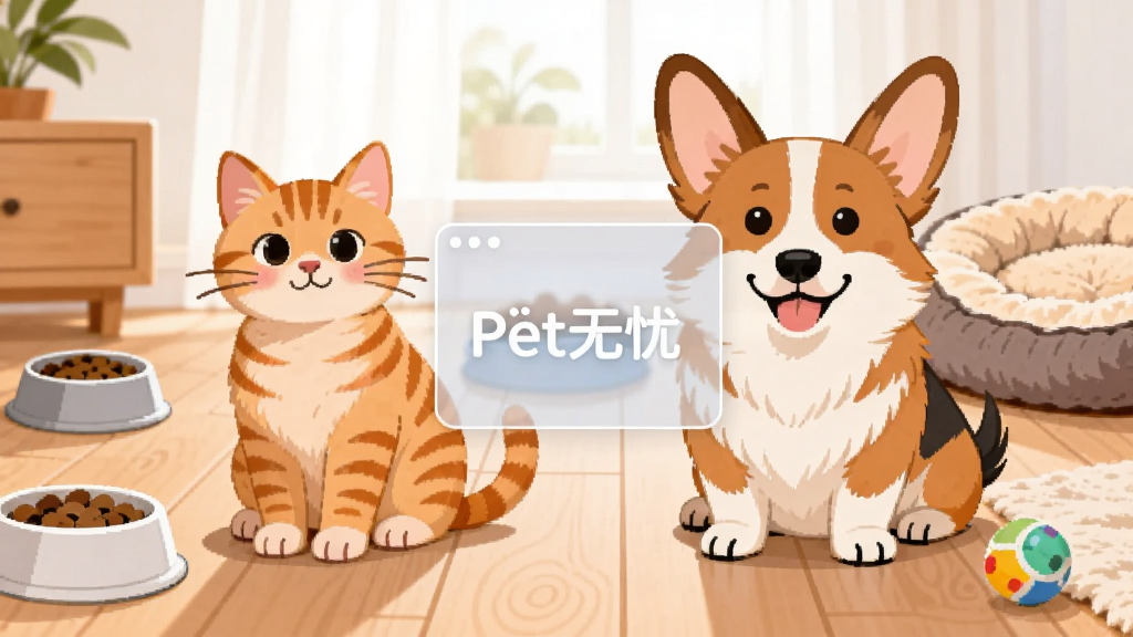 一只可爱的橘猫和一只柯基犬并排坐在明亮的客厅地板上,周围摆放着食盆、玩具球和宠物窝,画面中央悬浮着“Pet无忧”字样的半透明界面卡片,整体布局温馨整洁,风格为现代扁平化插画,细节包括宠物毛发质感、地板木纹和柔和光影,画质清晰干净,无多余元素