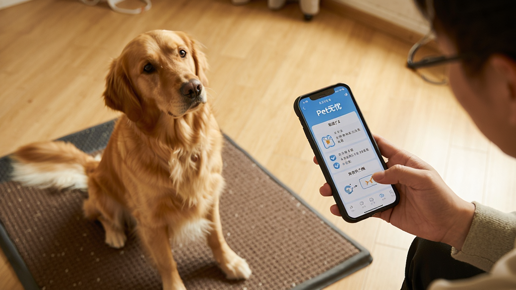 一只金毛犬正在室内训练垫上完成“坐下”指令,旁边的主人手持手机打开“Pet无忧”训练教程页面,画面采用暖色调生活摄影风格,布局为对角线构图,细节包括训练垫纹理、手机屏幕上的步骤图示和狗狗专注的眼神,画质清晰自然,无多余装饰