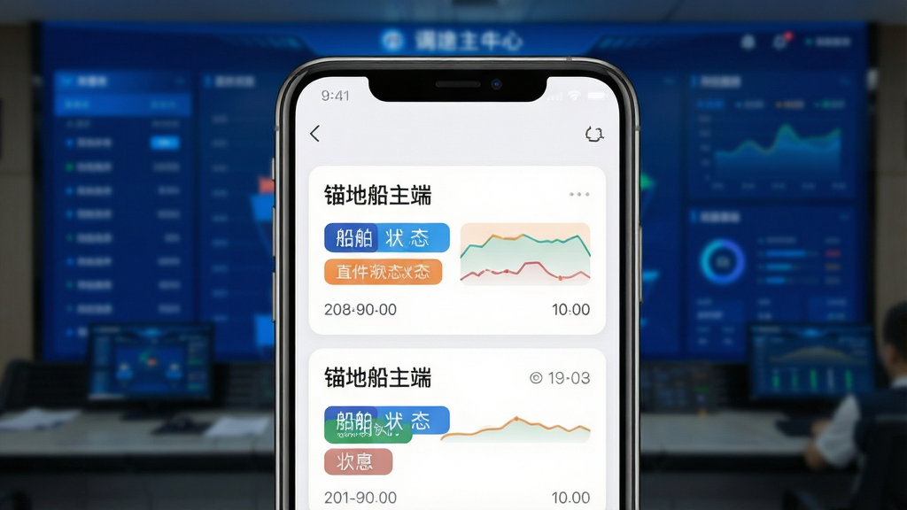 一张手机应用界面特写图,画面主体是手机屏幕上的船舶动态卡片列表,卡片上写有“锚地船主端”字样和船舶状态标签,背景为深蓝色调度中心大屏虚化效果,布局为居中构图,风格为现代扁平化UI展示风,细节包括卡片圆角、状态色块、时间戳文字,画质清晰干净,无多余装饰
