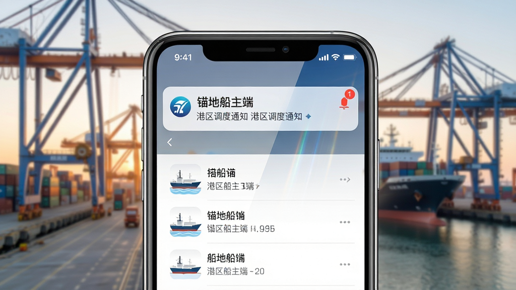 一张手机弹出通知消息的界面示意图,画面中手机屏幕上方显示一条来自“锚地船主端”的港区调度通知横幅,下方是船舶列表页面,背景为港口清晨场景,布局为手机居中、通知横幅醒目,风格为写实产品展示风,细节包括通知图标、红色提醒标识、屏幕光影,画质干净明亮,无多余元素