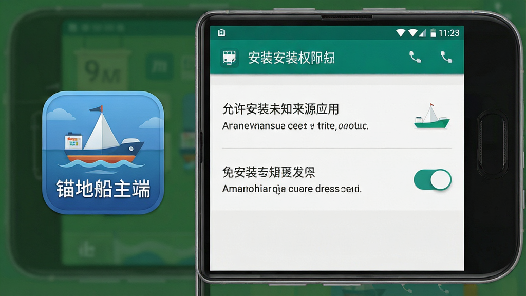 一张手机应用安装权限设置界面的示意图,画面中手机屏幕显示安卓系统的“允许安装未知来源应用”开关页面,旁边有“锚地船主端”安装包图标,布局为手机居中、设置项清晰可见,风格为写实操作指引风,细节包括开关按钮、权限提示文字、手机边框,画质干净明了,无多余元素