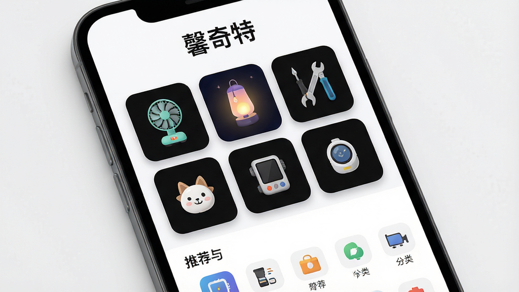 手机屏幕中央展示“馨奇特”应用主界面,上方是品牌名称“馨奇特”字样,中间为网格排列的黑科技电子产品与小玩意商品卡片,包含迷你风扇、创意小夜灯、便携工具等图标,下方为推荐与分类导航栏,整体布局简洁清晰,风格为现代扁平化UI设计,细节包含柔和阴影与圆角卡片,画质高清,画面干净,无多余元素
