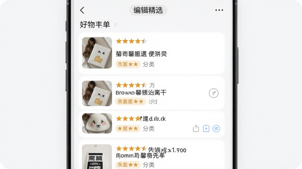 画面主体为“馨奇特”应用内的好物榜单页面,布局为纵向列表,每行展示一个商品缩略图与两行亮点说明文字,顶部有“编辑精选”标签,风格为清爽浅色系卡片式设计,细节包含星级评分与分类标签,画质清晰,画面干净,无多余元素