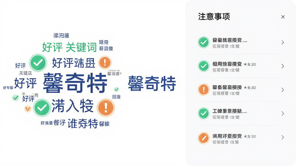 画面展示“馨奇特”应用内的口碑聚合模块,主体为左右分栏布局,左侧为好评关键词云,右侧为注意事项列表,中间有“馨奇特”品牌标识,风格为简约商务风,细节包含对勾与感叹号图标,画质高清,画面干净,无多余元素