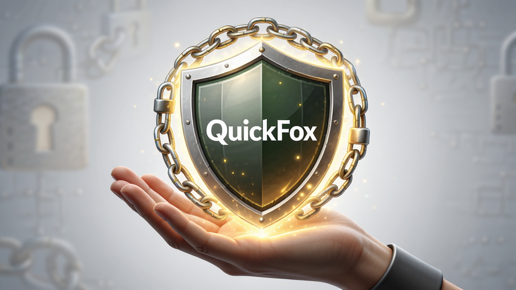 画面主体为一只手掌托起发光的盾牌图标,盾牌中央显示“QuickFox”标识,盾牌周围环绕细密的加密锁链纹理;背景为柔和的浅灰渐变,布局简洁居中,风格偏向安全防护类视觉,细节突出光泽与质感,画质细腻干净