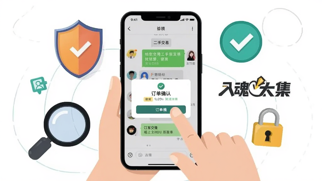 主体为一部手机与一只手互动场景,屏幕显示二手交易聊天界面与订单确认弹窗,布局为手机居中、周围有盾牌与对勾图标环绕,风格简洁扁平插画,细节包含验货放大镜与安全锁元素,画面中打文字“入魂大集”,画质干净清晰无多余元素