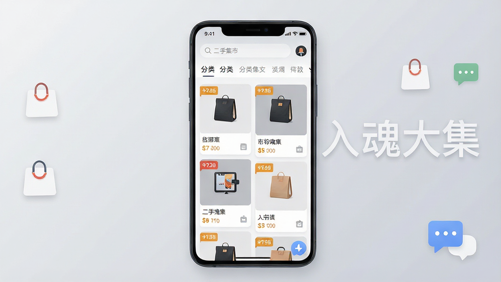 主体为一部竖屏安卓手机,屏幕中显示二手集市类应用首页,顶部有搜索框与分类标签,中部为商品卡片瀑布流,卡片上有价格标签与商品缩略图,布局居中对称,背景为浅灰渐变,风格清爽现代扁平化,细节包含购物袋图标与聊天气泡元素,画面中打文字“入魂大集”,画质清晰干净无多余元素