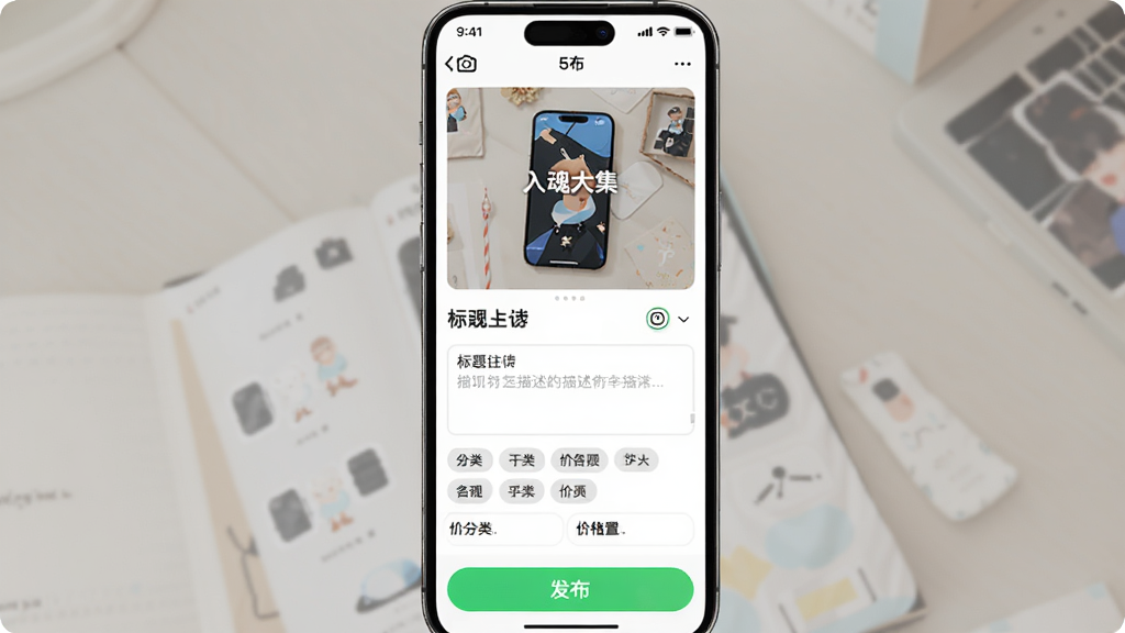 主体为手机发布商品界面,布局为上方图片上传区、中部标题与描述输入框、下方分类标签与价格设置栏,排版纵向清晰,风格明快简约,细节包含相机图标、标签选项与发布按钮,画面中打文字“入魂大集”,画质干净无多余元素
