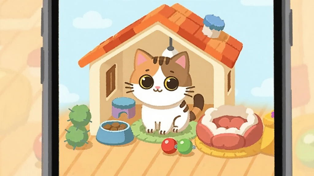 一只可爱的卡通小猫坐在手机屏幕中央的温馨宠物小屋内,周围摆放着食盆、玩具球和小窝,画面色彩柔和明亮,扁平插画风格,细节丰富,构图饱满,画质清晰干净,无多余元素