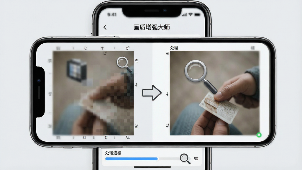 一张展示画质增强大师超分辨率重建功能的示意图,画面主体是一部智能手机屏幕,屏幕上显示一张低分辨率照片正在被处理,左侧原图区域标注模糊像素块,右侧处理后区域呈现清晰锐利的画面细节,中间有箭头指示处理方向,软件界面顶部显示画质增强大师名称,背景为浅灰色简约风格,布局为左右对比排版,细节包括像素网格、放大镜图标、处理进度条,画质高清,画面干净,无多余元素