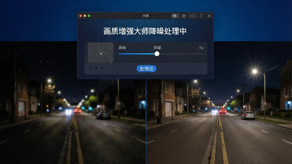 一张展示画质增强大师降噪功能的对比图,画面分为左右两部分,左侧为暗光环境下拍摄的噪点明显的夜景照片,右侧为经过画质增强大师降噪处理后的干净画面,软件界面以浮层形式展示在图片上方,标注画质增强大师降噪处理中字样,背景为深蓝色渐变,布局为左右对比加浮层界面,风格为科技感UI设计,细节包括噪点颗粒示意、降噪滑块、处理前后标签,画质高清,画面干净,无多余元素