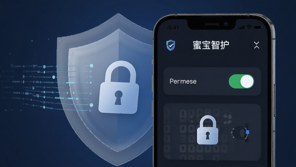 画面主体为一部手机屏幕显示蜜宝智护的隐私设置页面,页面内有权限开关与加密锁图标,手机后方有半透明的盾牌与数据流线条,布局为前后层次构图,风格为科技安全主题插画,细节上突出锁形图标、开关按钮与加密纹理,画质高清,画面干净,无多余元素
