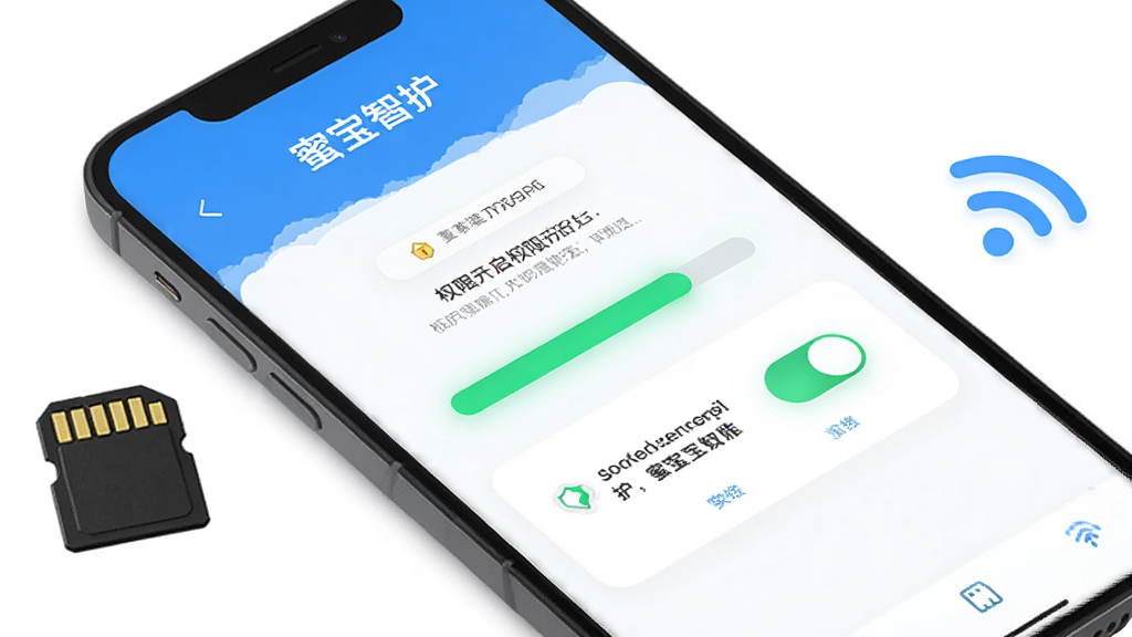 画面主体为一部手机屏幕展示蜜宝智护的安装引导页面,页面内有权限开启提示与进度条,手机旁边放置存储卡图标与WiFi信号图标,布局为斜向构图,风格为清爽教程示意图,细节上突出进度条高亮、权限开关与提示文字区域,画质高清,画面干净,无多余元素
