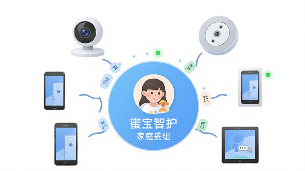 画面主体为多台设备图标围绕一个家庭账号中心排列,包含摄像头、门磁、手机与平板图标,中心位置显示蜜宝智护账号头像与家庭组标识,布局为环形放射构图,风格为柔和扁平插画,细节上突出连接线条、分组标签与在线状态小圆点,画质清晰,画面干净,无多余元素