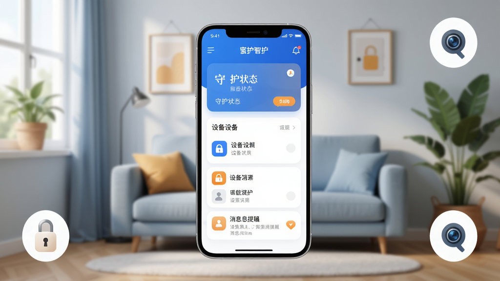 画面主体是一部智能手机居中竖放,屏幕内展示蜜宝智护应用主界面,界面包含守护状态卡片、设备列表与消息提醒区域,手机周围环绕柔和的家庭场景元素,如客厅沙发、窗台绿植、门锁图标与摄像头图标,布局采用左右对称的现代排版,风格为清爽科技感UI展示图,细节上突出界面卡片圆角、图标线条简洁、配色以蓝白为主点缀暖橙,画质高清,画面干净,无多余元素