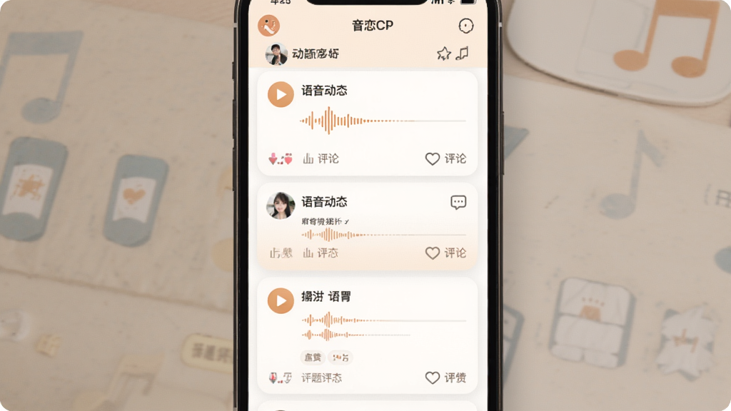 音恋CP动态广场页面,主体为手机屏幕展示语音动态卡片瀑布流,布局上下滚动式排版,风格清新暖色社交视觉,细节包含播放按钮、声音波形条、点赞评论图标与话题标签,画质高清干净无多余元素