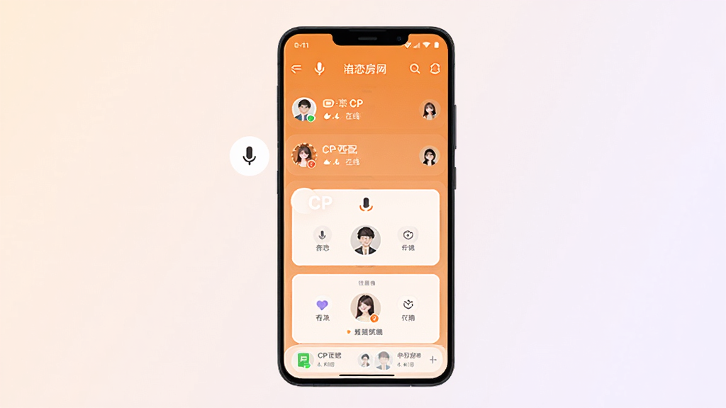 音恋CP软件主界面全貌,主体为一部竖屏安卓手机居中摆放,屏幕内展示暖橙色语音房间列表与CP匹配卡片布局,背景为柔和浅色渐变,排版简洁清晰,风格现代社交应用视觉,细节包含麦克风图标、在线人数标签与圆形头像,画质高清干净无多余元素