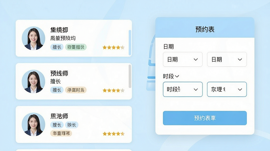 一张表现高人汇咨询在线预约功能的示意图,画面左侧为咨询师列表卡片,每张卡片包含头像、姓名、擅长标签与评分,画面右侧为预约表单弹窗,包含日期选择与时间段选项,整体采用浅蓝色与白色配色,风格清新简约,布局规整,画质干净,无杂乱装饰