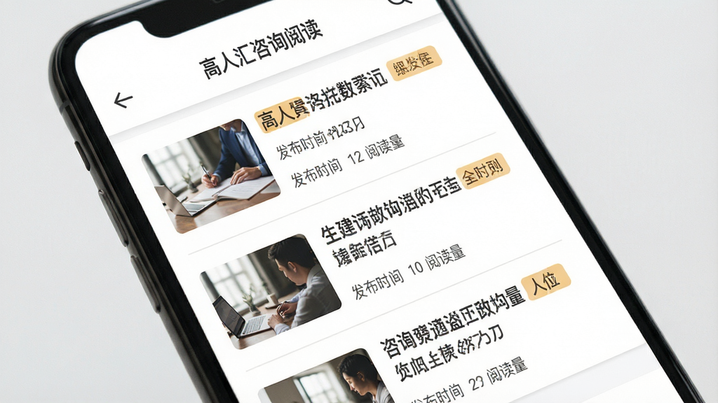 一张展示高人汇咨询资讯阅读页面的场景图,画面为手机屏幕特写,屏幕内显示文章列表,每篇文章配有缩略图与标题,标题下方显示发布时间与阅读量,整体排版疏朗,配色以白色背景搭配深灰色文字为主,点缀少量暖色标签,风格素雅干净,画质清晰