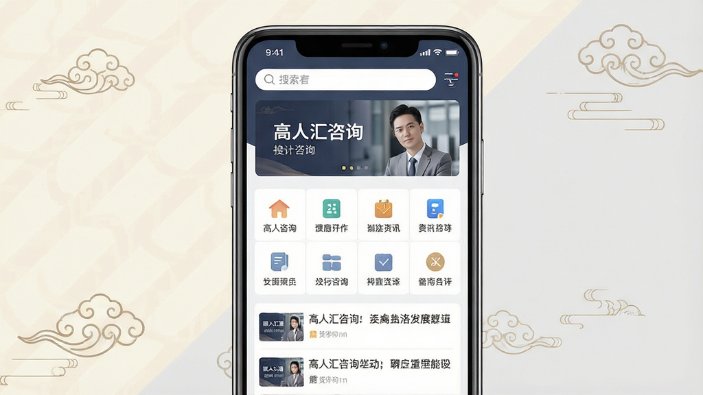 一张展示高人汇咨询手机应用界面的场景图,画面中央是一部竖屏智能手机,屏幕内呈现高人汇咨询应用的主页面布局,上方为搜索栏与 banner 区域,中部为功能图标网格,下方为资讯列表,手机周围以淡雅的米白色与浅灰色为背景,点缀少量传统纹样线条,整体风格简洁商务、干净利落,画质清晰,无多余元素