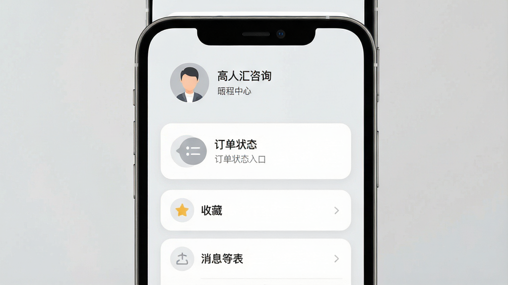 一张表现高人汇咨询个人中心界面的示意图,画面为手机屏幕内展示个人中心页面,包含头像与昵称区域、订单状态入口图标、收藏与消息列表项,界面采用卡片式布局,圆角设计,配色柔和,以浅灰与白色为主,风格清爽整洁,画质干净,无多余元素