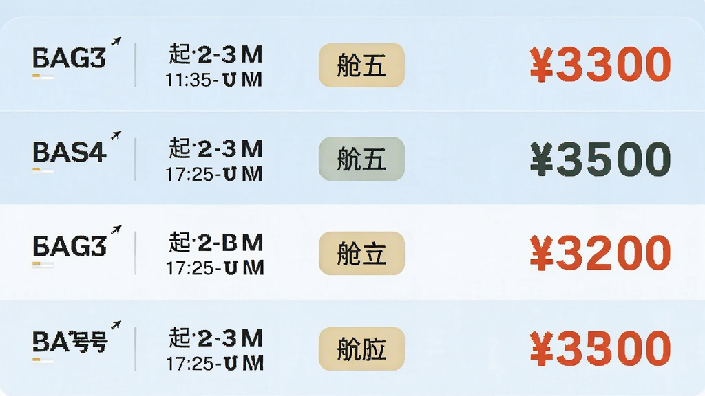 一张展示航班飞机票查询软件价格参考功能的界面图,手机屏幕显示航班价格列表页,每行左侧为航班号和起飞时间,中间为舱位标签,右侧为价格数字,价格用醒目的颜色标注,列表按价格从低到高排列,背景为淡蓝色,排版整齐,风格清爽,画质清晰,无杂乱元素