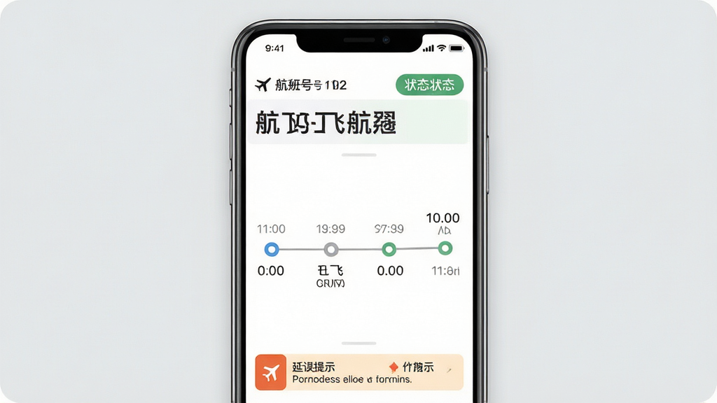 一张展示航班飞机票查询软件动态追踪功能的界面图,手机屏幕中央显示一个航班动态详情页,顶部是航班号和大字状态标签,中部是起飞到达时间轴,用圆点和连线表示各节点状态,底部有延误提示条,背景为浅灰色,整体风格沉稳清晰,画质干净,无多余装饰元素