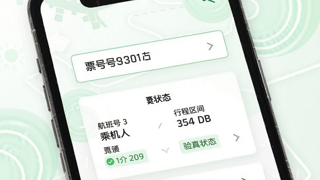 一张展示航班飞机票查询软件票号验真功能的界面图,手机屏幕中央是一个票号输入框,下方是验真结果卡片,卡片上显示航班号、乘机人、行程区间和验真状态标识,背景为白色配浅绿色点缀,整体风格干净利落,画质清晰,无多余元素