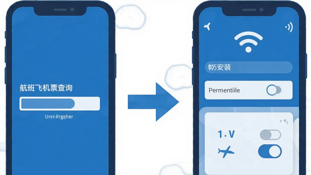 一张展示航班飞机票查询软件安装与使用流程的示意图,画面左侧是一部手机显示安装进度条,中间是箭头指向右侧的手机屏幕显示查询界面,屏幕上方有网络信号图标,下方有权限开关示意,整体采用扁平化插画风格,配色以蓝白为主,画质清晰,布局简洁,无多余元素