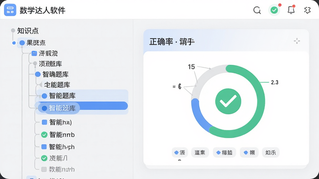 主体为数学达人软件中的智能题库界面,布局为左侧知识点树状目录、右侧答题卡片与正确率环形图,排版采用上下分区结构,风格为现代教育类应用界面插画,细节包括蓝色高亮选中状态、绿色对勾图标与浅灰背景,画质清晰干净,无多余元素