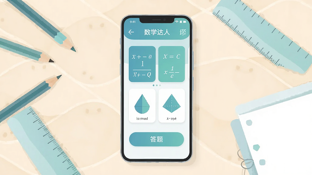 主体为一部竖屏安卓手机,屏幕中央展示数学达人软件主界面,界面包含数学公式卡片、几何图形与答题按钮,布局为手机居中放置于浅色书桌背景上,周围点缀铅笔、直尺与草稿纸,排版简洁清晰,风格为清爽扁平化教育类UI插画,细节包括柔和的蓝绿色调、圆角图标与清晰的功能分区,画质高清干净,无多余装饰元素
