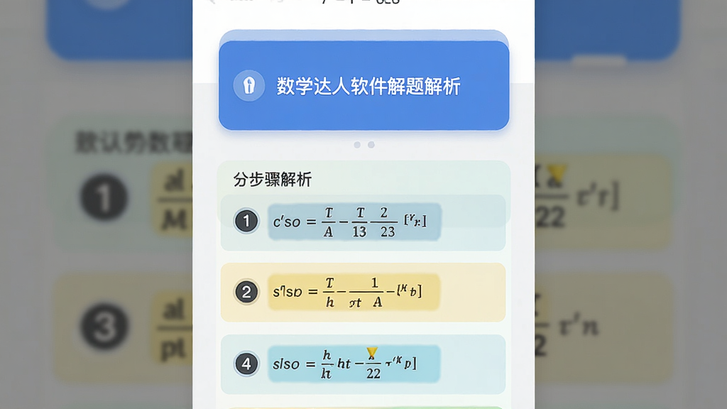 主体为数学达人软件解题解析页面,布局为上方题目卡片、下方分步骤解析列表,排版为纵向流式结构,风格为简洁教育类界面插画,细节包括步骤序号圆点、公式高亮框与浅色背景分区,画质高清干净,无多余装饰