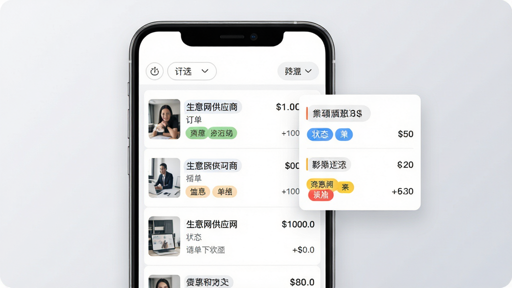 生意网供应商版订单管理界面示意,主体为手机屏幕内展示订单列表与状态标签,布局采用左侧手机右侧悬浮数据卡片的形式,排版上订单条目纵向排列、状态标签用不同颜色区分,风格为简约商务风,细节上列表项带缩略图与金额文字、顶部有筛选按钮、背景为浅灰渐变,画质高清干净无多余元素