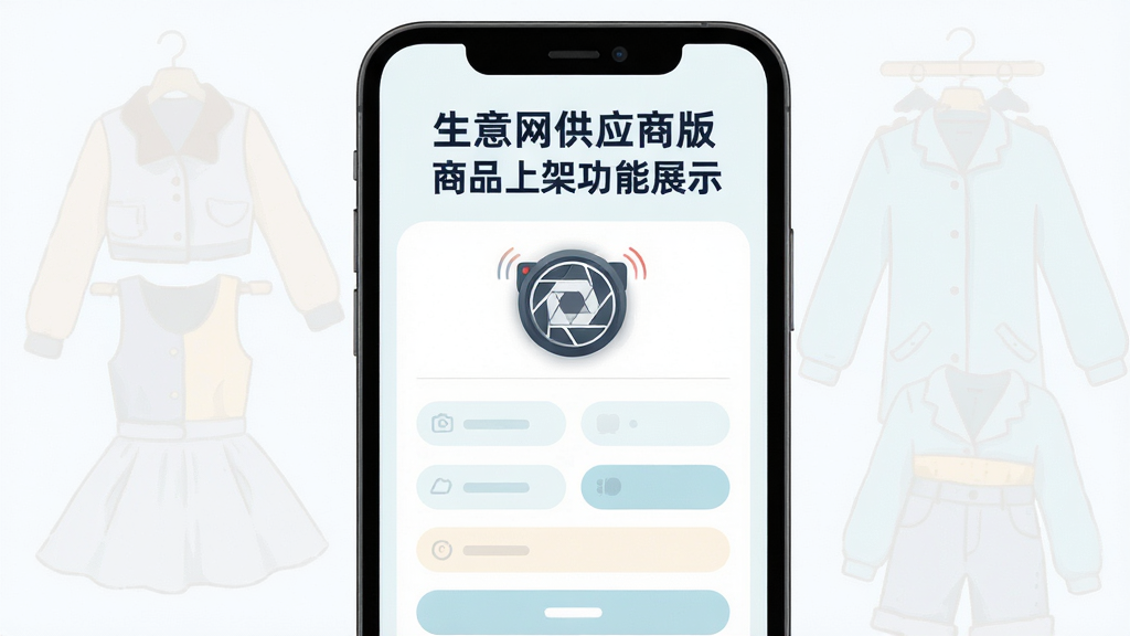 生意网供应商版商品上架功能展示,主体为手机屏幕内呈现商品发布表单与相机拍摄图标,布局采用居中构图手机占据画面核心,排版上方为标题文字下方为表单字段排列,风格为清新浅色扁平插画风,细节上表单字段用圆角矩形呈现、相机图标带快门动效感、背景有淡淡的服装轮廓装饰,画质高清干净无多余元素