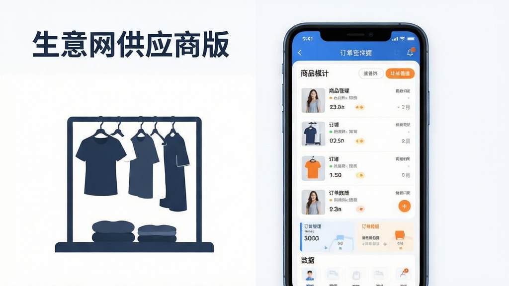 生意网供应商版应用界面全貌展示,主体为一部竖屏智能手机居中摆放,屏幕内呈现商品管理列表与订单数据看板,布局上手机占据画面中央偏右,左侧留白处放置简约的服装货架剪影,排版采用上下分层结构,上方为软件名称文字区域下方为功能模块示意,风格为清爽现代商务扁平化,细节上手机边框圆润、界面元素清晰、配色以蓝白为主辅以橙色点缀,画质高清干净无多余元素