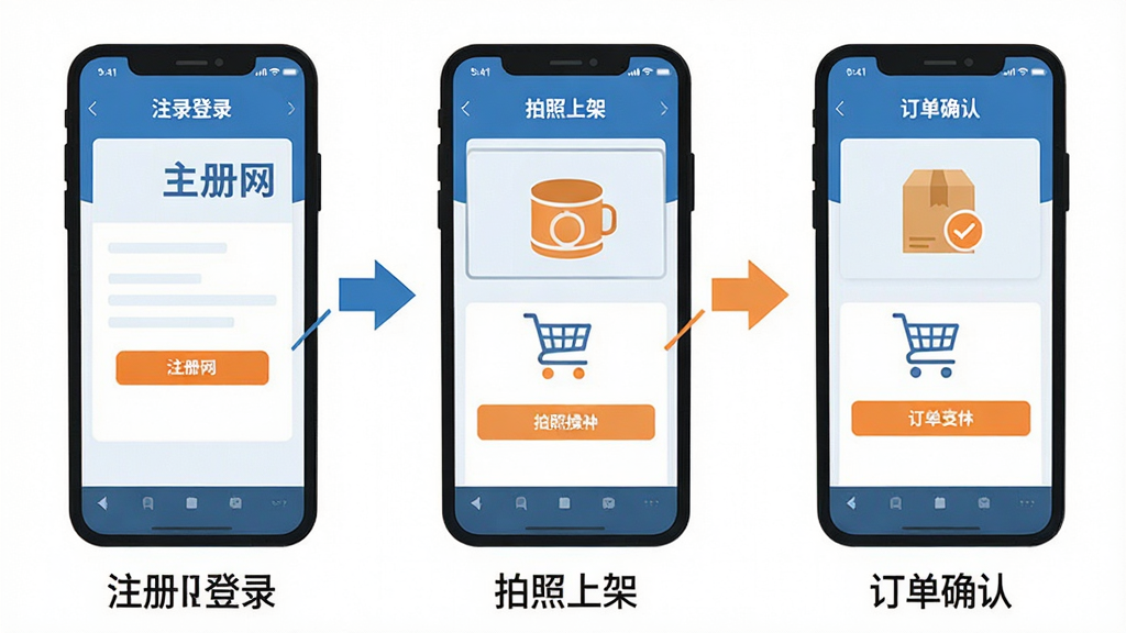 生意网供应商版手机端操作步骤示意,主体为三台手机并排展示注册登录、拍照上架、订单确认三个操作画面,布局采用横向等距排列,排版每台手机下方配简短步骤文字,风格为清爽扁平化教程插画,细节上手机屏幕内容简洁、步骤箭头连接、配色以蓝橙为主,画质高清干净无多余元素