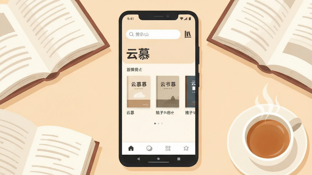 画面中央放置一部竖屏安卓手机,手机屏幕上显示“云慕”应用主界面,界面为浅米色背景配深灰文字,顶部有搜索框与书架入口,中部整齐排列三本封面简洁的电子书,底部为四个图标导航栏;手机两侧点缀几本翻开的纸质书与一杯热茶,整体采用扁平化插画风格,色调柔和温暖,细节干净利落,画质清晰,无多余装饰元素