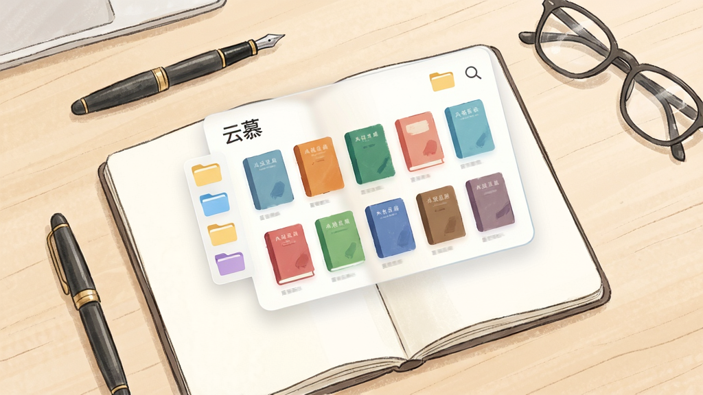 一张俯视视角的桌面场景,桌面中央摊开一本空白笔记本,笔记本上方悬浮着“云慕”应用书架界面的半透明卡片,卡片内显示多个彩色书籍封面整齐排列,旁边配有文件夹标签与搜索图标;背景为浅木色桌面,点缀一支钢笔与一副眼镜,风格为清新手绘插画,光线柔和,画面干净,画质细腻