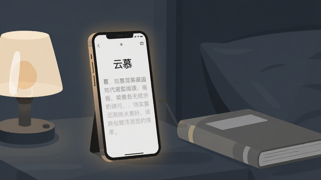 夜晚卧室场景,床头柜上立着一部手机,手机屏幕显示“云慕”阅读界面,背景为深灰蓝色,文字为柔和的浅灰色,屏幕边缘泛着淡淡的暖光;手机旁边放着一盏小夜灯与一本合上的纸质书,整体风格为安静的扁平插画,色调偏暗但细节清晰,画质干净,无杂乱元素
