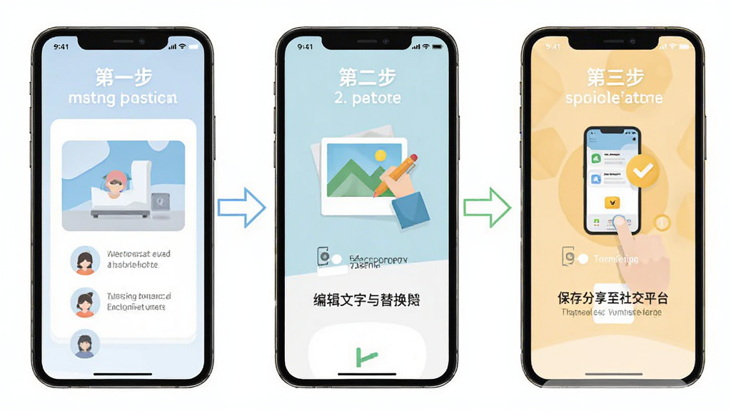 邀请函小助手移动端使用操作流程图,画面以手机为中心展示三个操作步骤,第一步为点击模板选择场景,第二步为编辑文字与替换照片,第三步为保存分享至社交平台,步骤之间以箭头连接,每个步骤配简洁图标说明,整体布局横向排列,风格扁平化信息图样式,细节清晰,画质干净明亮,无多余装饰