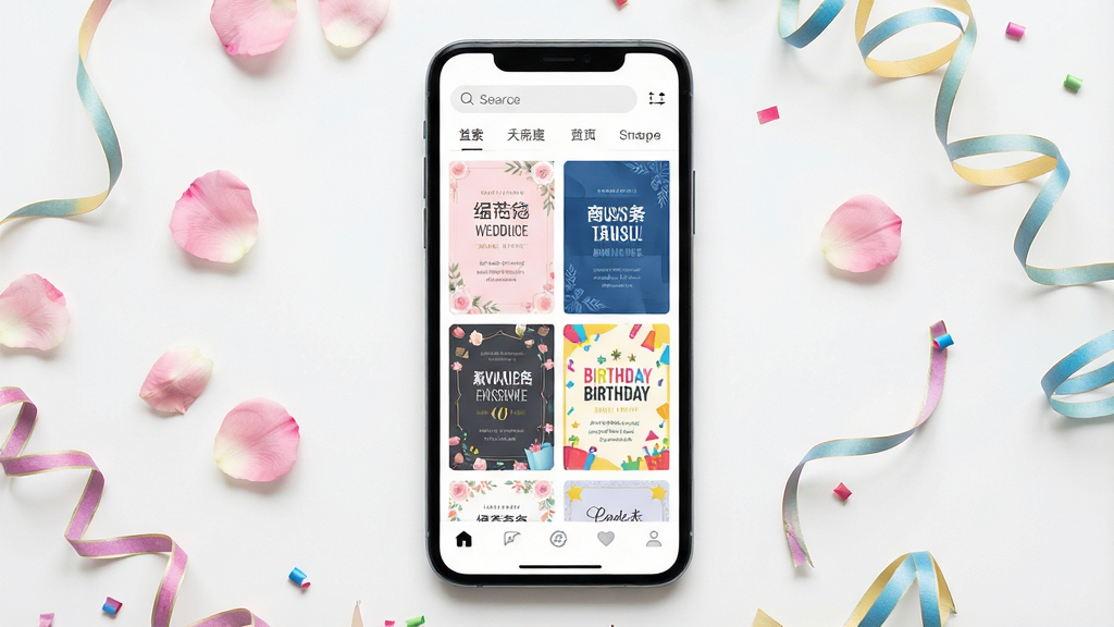 一张手机屏幕展示邀请函小助手软件主界面的场景图,画面中央是手机正视图,屏幕内呈现多款不同风格的电子邀请函模板缩略图整齐排列,包含婚礼粉色系、商务蓝色系、生日活泼色系等,顶部有搜索栏和分类标签,底部有导航按钮,手机两侧散落着少量花瓣与彩带装饰元素,整体布局居中对称,风格清新现代,细节清晰,画质干净明亮,无多余杂乱元素