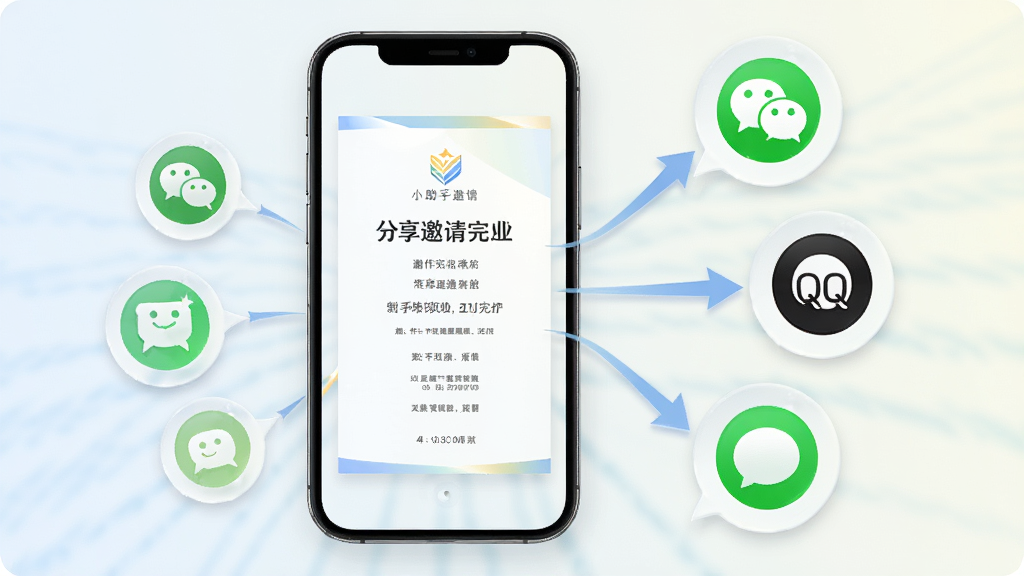 邀请函小助手软件分享流程示意图,画面以一部手机为中心,手机屏幕显示制作完成的邀请函预览图,屏幕右侧伸出多条箭头指向微信、QQ、短信等社交应用图标,图标以圆形气泡形式环绕手机排列,背景为浅色渐变,整体布局清晰直观,风格简洁现代,细节精致,画质干净无杂乱