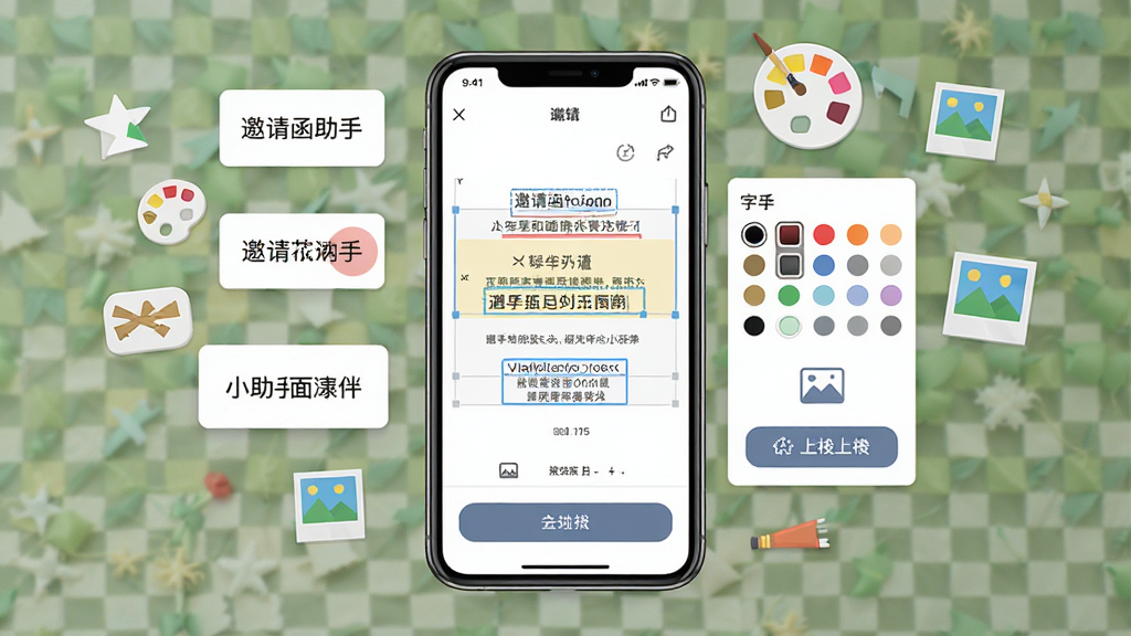邀请函小助手软件编辑界面展示图,画面中央是一部手机,屏幕内显示正在编辑的婚礼邀请函,文字区域高亮显示可编辑状态,旁边有字体颜色选择面板与图片上传按钮,手机周围漂浮着文字块、调色盘、相片小图标等元素,布局疏密有致,风格扁平化设计感,细节丰富,画质清晰干净,无多余元素